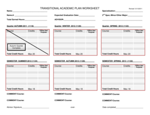 Transitional Academic Plan Worksheet