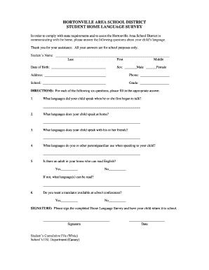 Hortonville Area School District Student Home Language Survey