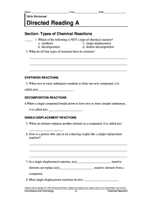Chemical Reactions Worksheet