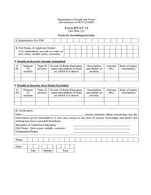 Delhi DVAT 12 Form for Furnishing Security