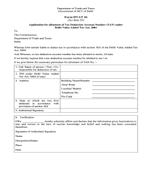 Delhi TAN Application Form DVAT 44