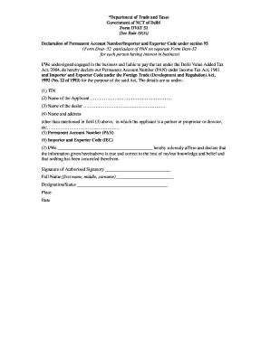 Delhi VAT PAN/IEC Declaration Form