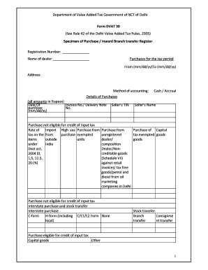 Delhi VAT Purchase Inward Branch Transfer Register