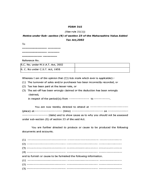 Maharashtra VAT Notice Form 315