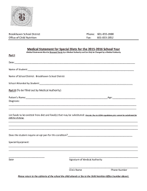 Medical Statement for Special Diets