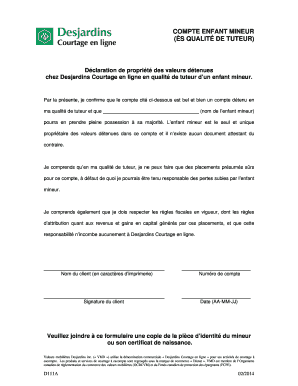 Déclaration de propriété des valeurs détenues chez Desjardins Courtage en ligne en qualité de tuteur d’un enfant mineur