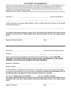 Statement of Residence for School District Registration