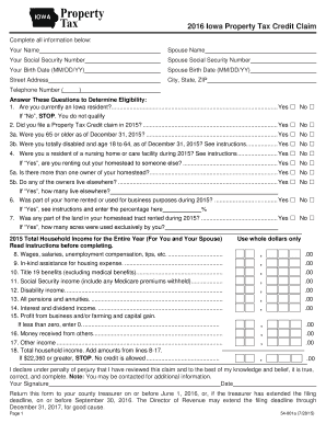 2016 Iowa Property Tax Credit Claim