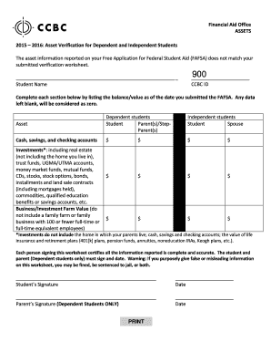 2015-2016 Asset Verification for Student Aid