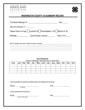 Washington County 4-H Summary Record