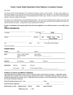 Chester County School Influenza Vaccination Form