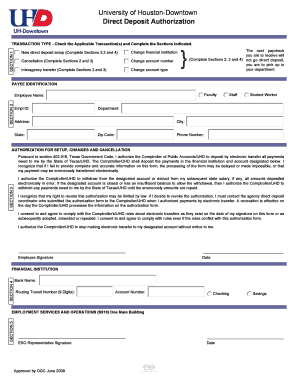 University of Houston-Downtown Direct Deposit Authorization