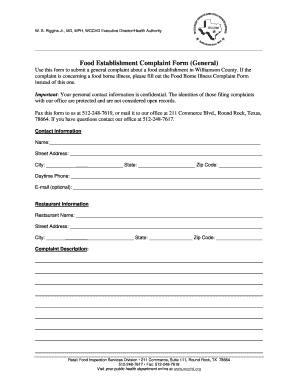 Food Establishment Complaint Form