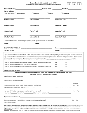 Student Health Summary Emergency Information Form