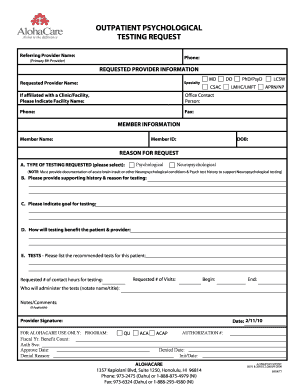 OUTPATIENT PSYCHOLOGICAL TESTING REQUEST - alohacare