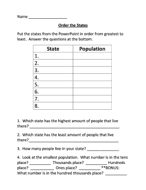 State Population Ordering Worksheet