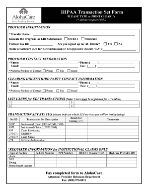 HIPAA Transaction Set Form