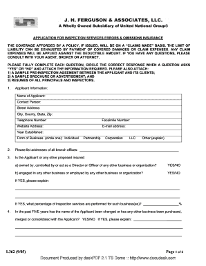 Application for Inspection Services Errors & Omissions Insurance