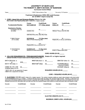 University of Maryland Business Curriculum Control Sheet