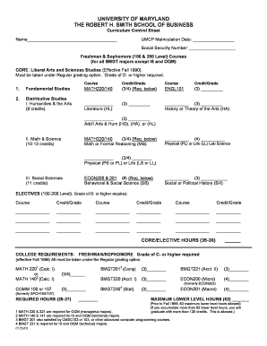 University of Maryland Curriculum Control Sheet