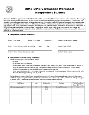 2015–2016 Verification Worksheet for Independent Students