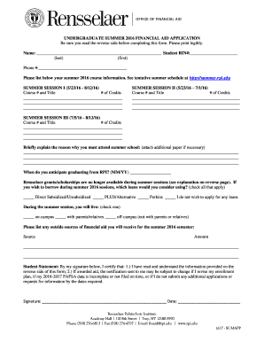 Undergraduate Summer 2016 Financial Aid Application
