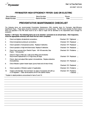Frymaster High Efficiency Fryer Preventative Maintenance Checklist