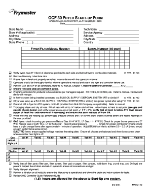 OCF 30 Fryer Start-Up Form