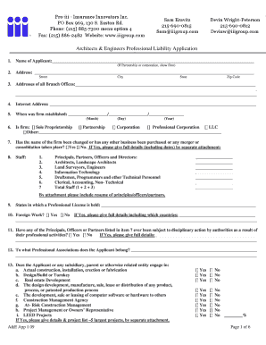 Architects and Engineers Professional Liability Insurance Application