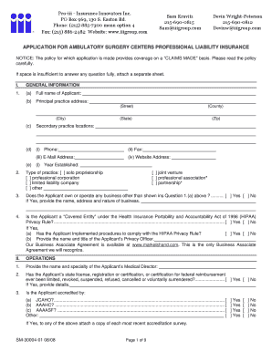 Application for Ambulatory Surgery Centers Professional Liability Insurance