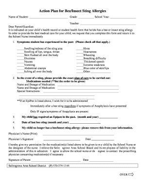 Bee Sting Allergy Action Plan