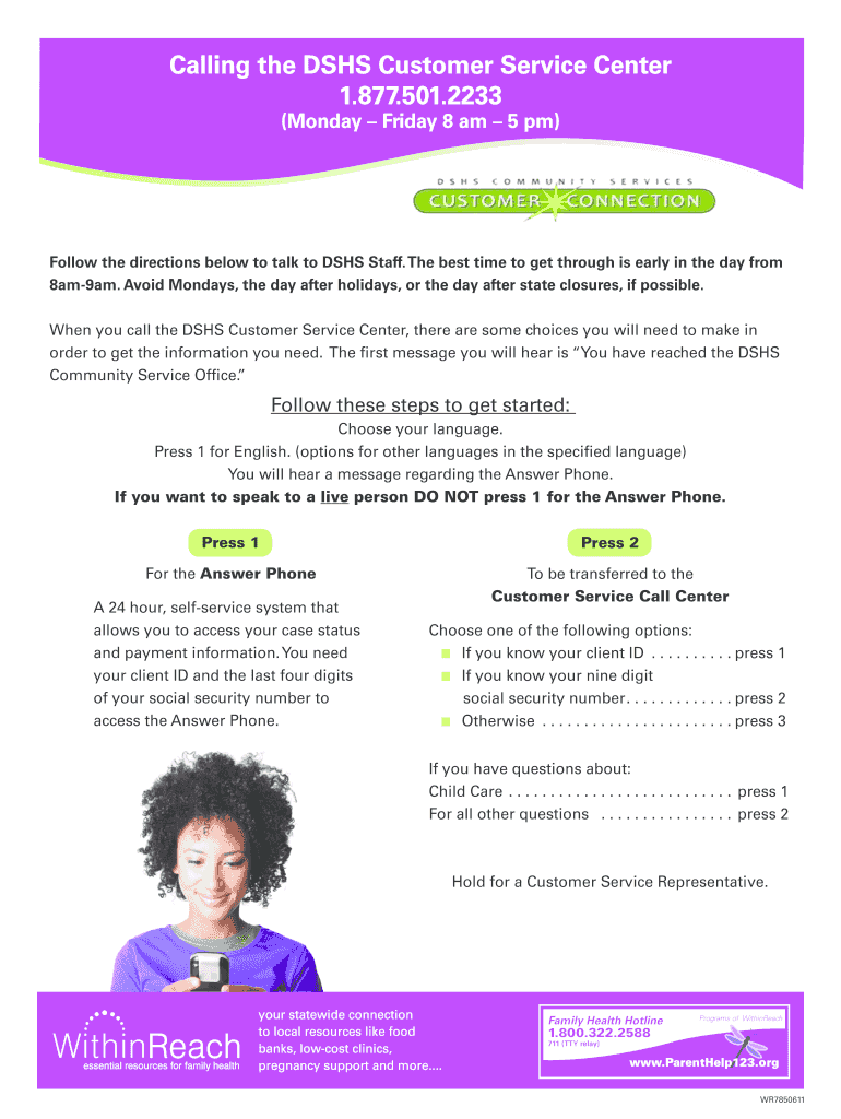 Fillable Online Calling the DSHS Customer Service Center Fax Email