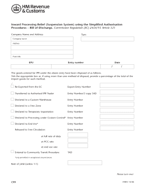 UK Inward Processing Relief Bill of Discharge