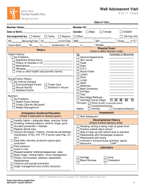 Well Adolescent Visit Form 9 to 11 Years