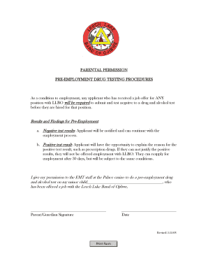 PARENTAL PERMISSION PRE-EMPLOYMENT DRUG TESTING PROCEDURES - llojibwe