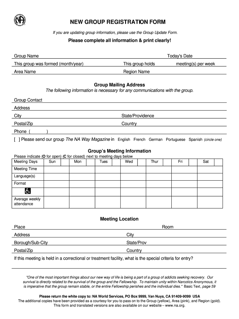 NA New Group Registration Form - Fill and Sign Printable Template Pertaining To Na Meeting Format Template