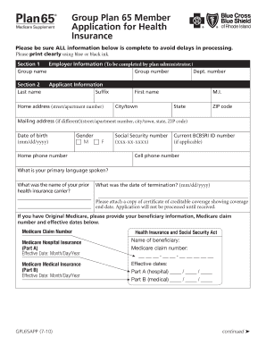 Group Plan 65 Member Health Insurance Application