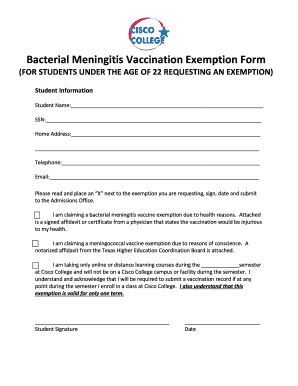 Bacterial Meningitis Vaccination Exemption Form