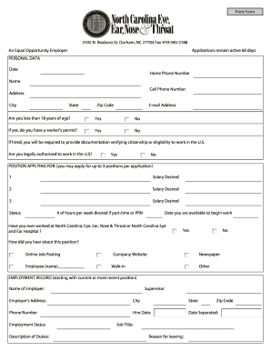 North Carolina Eye, Ear, Nose & Throat Employment Application
