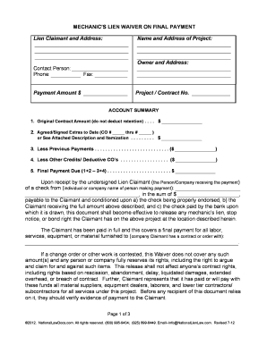 Mechanic's Lien Waiver on Final Payment