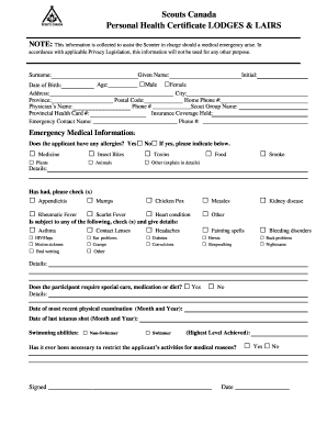 Scouts Canada Personal Health Certificate