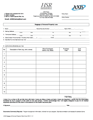 AXIS Baggage and Personal Property Claim Form