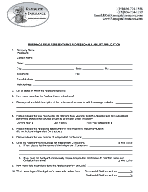 Mortgage Field Representative Professional Liability Application