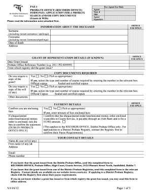 Ireland Probate Office Form PAS1