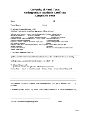 University of North Texas Academic Certificate Completion Form