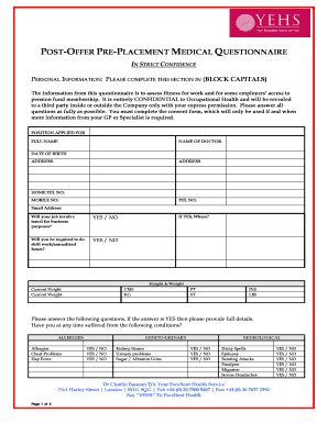Post-Offer Pre-Placement Medical Questionnaire