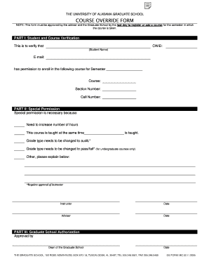 University of Alabama Graduate School Course Override Form