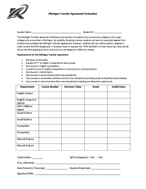 Michigan Transfer Agreement Evaluation Form