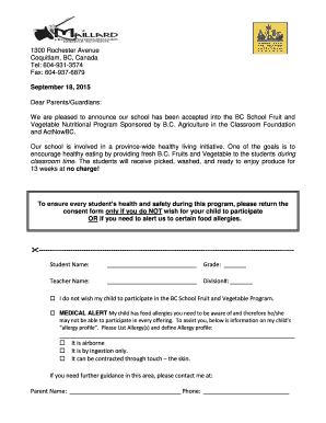 BC School Fruit and Vegetable Program Consent Form