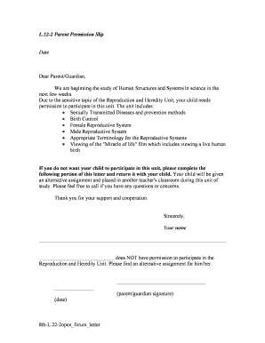 Parent Permission Slip for Reproduction and Heredity Unit
